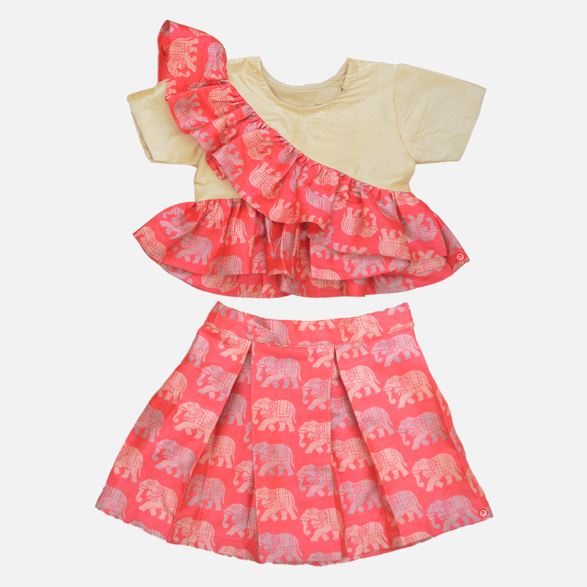 Stylish Crop Top With Frills and Elephant Printed Skirt - Picco Ricco 