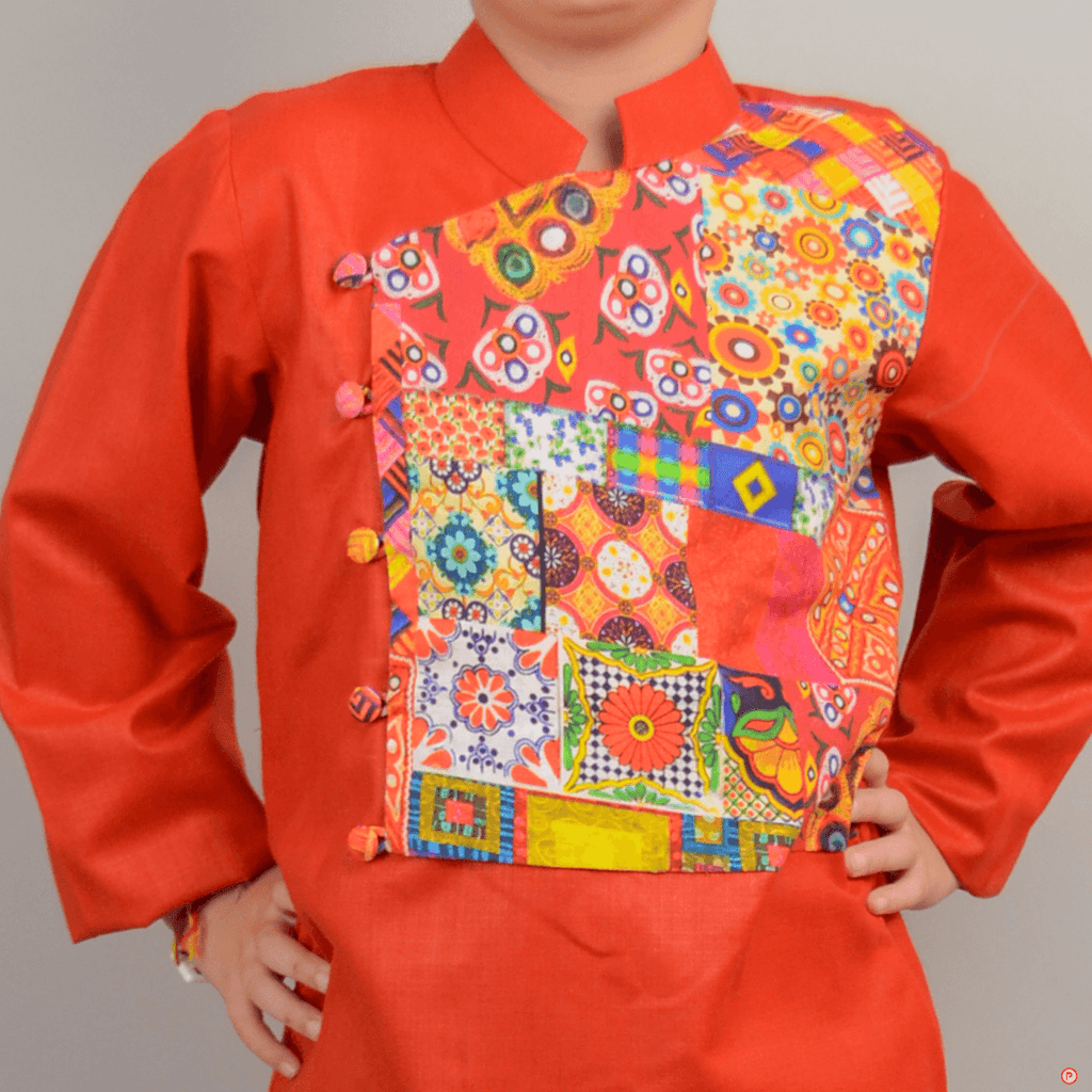 Stylish Red Kurta with Attached Flap and Pyjama - Picco Ricco 