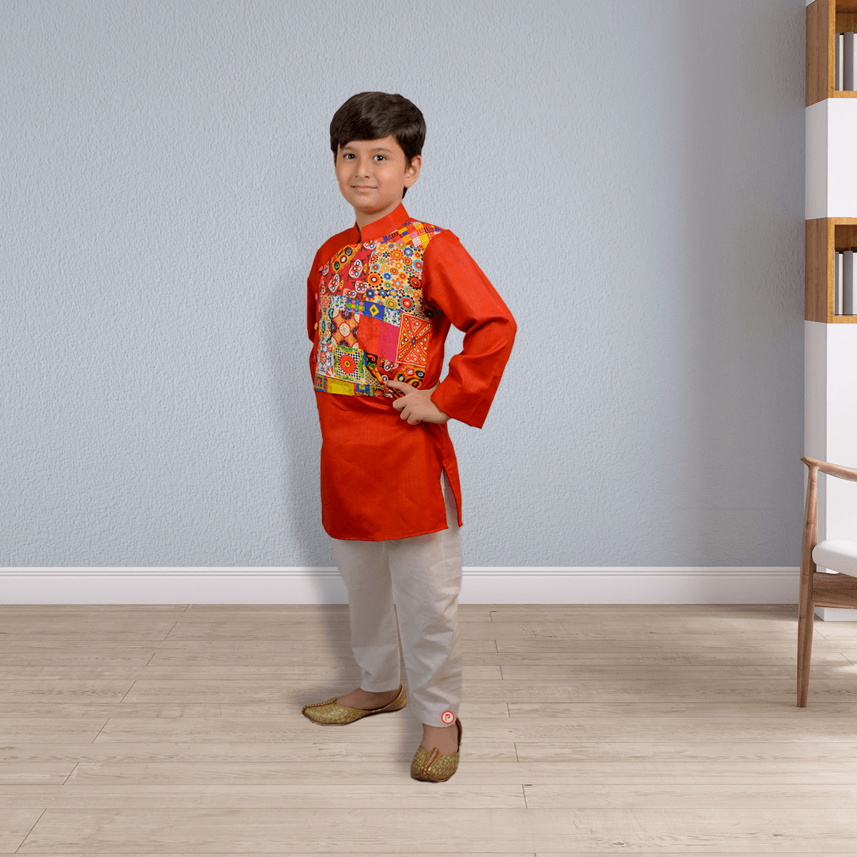 Stylish Red Kurta with Attached Flap and Pyjama - Picco Ricco 