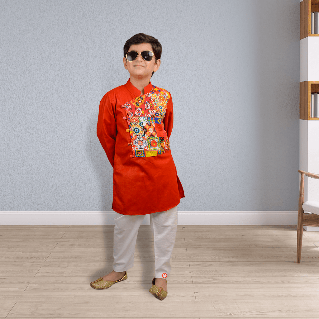 Stylish Red Kurta with Attached Flap and Pyjama - Picco Ricco 