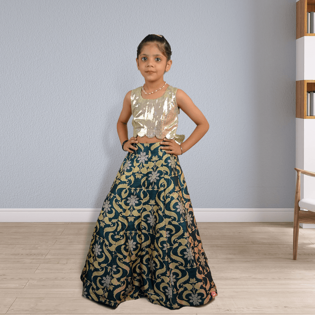 Shimmery Sequins Blouse and Floral Lehenga - Picco Ricco 