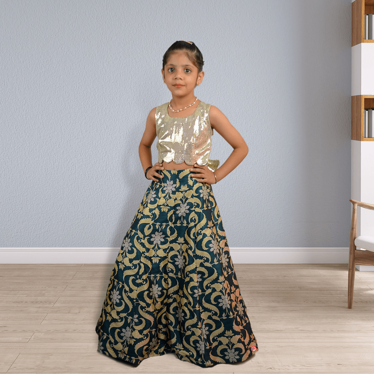 Shimmery Sequins Blouse and Floral Lehenga - Picco Ricco 