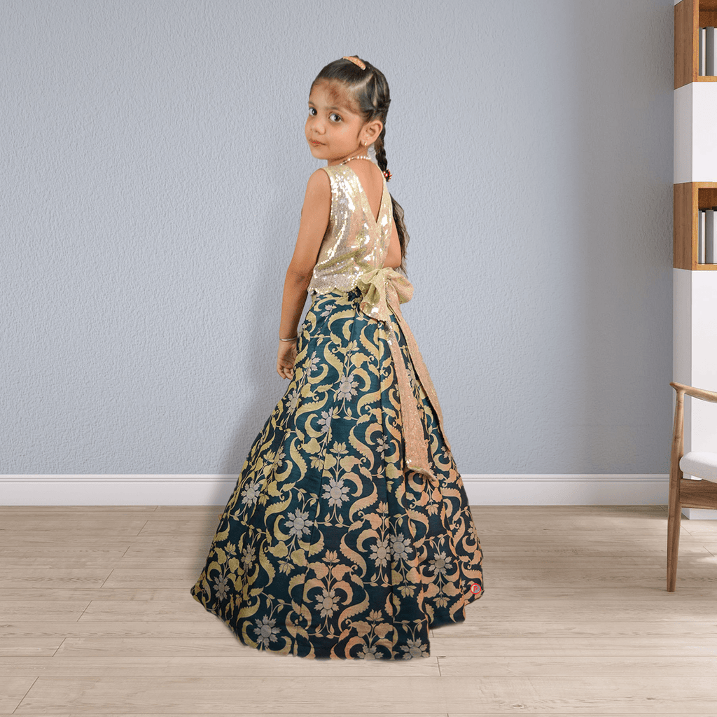Shimmery Sequins Blouse and Floral Lehenga - Picco Ricco 