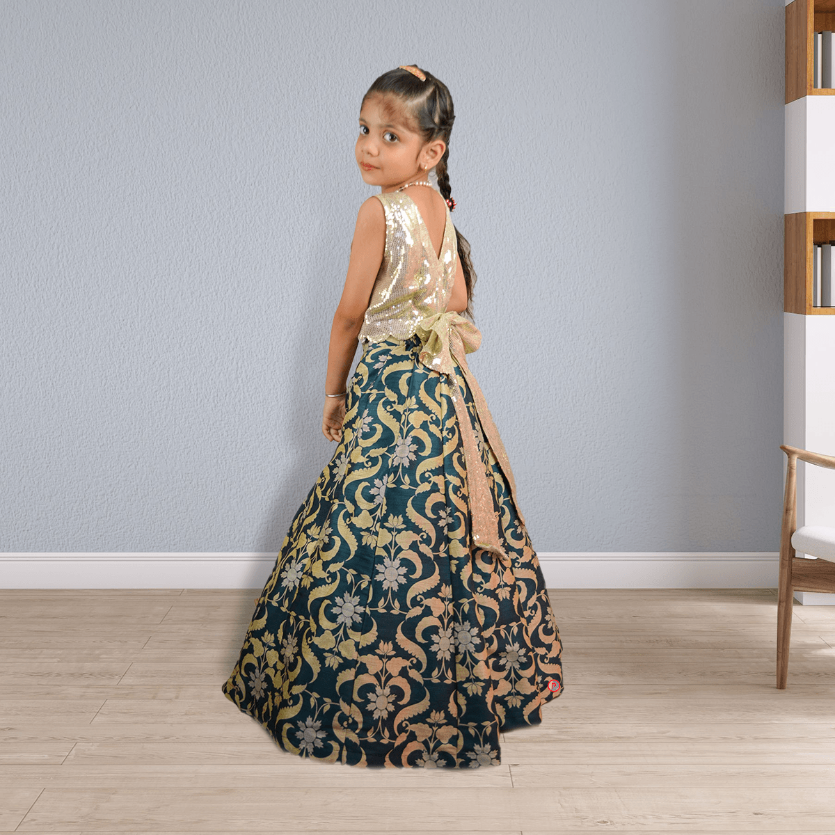 Shimmery Sequins Blouse and Floral Lehenga - Picco Ricco 