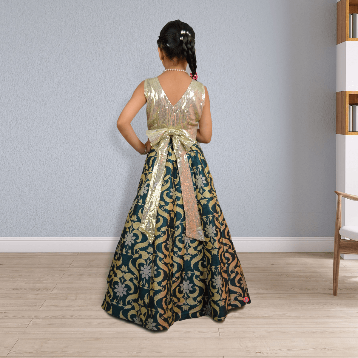 Shimmery Sequins Blouse and Floral Lehenga - Picco Ricco 