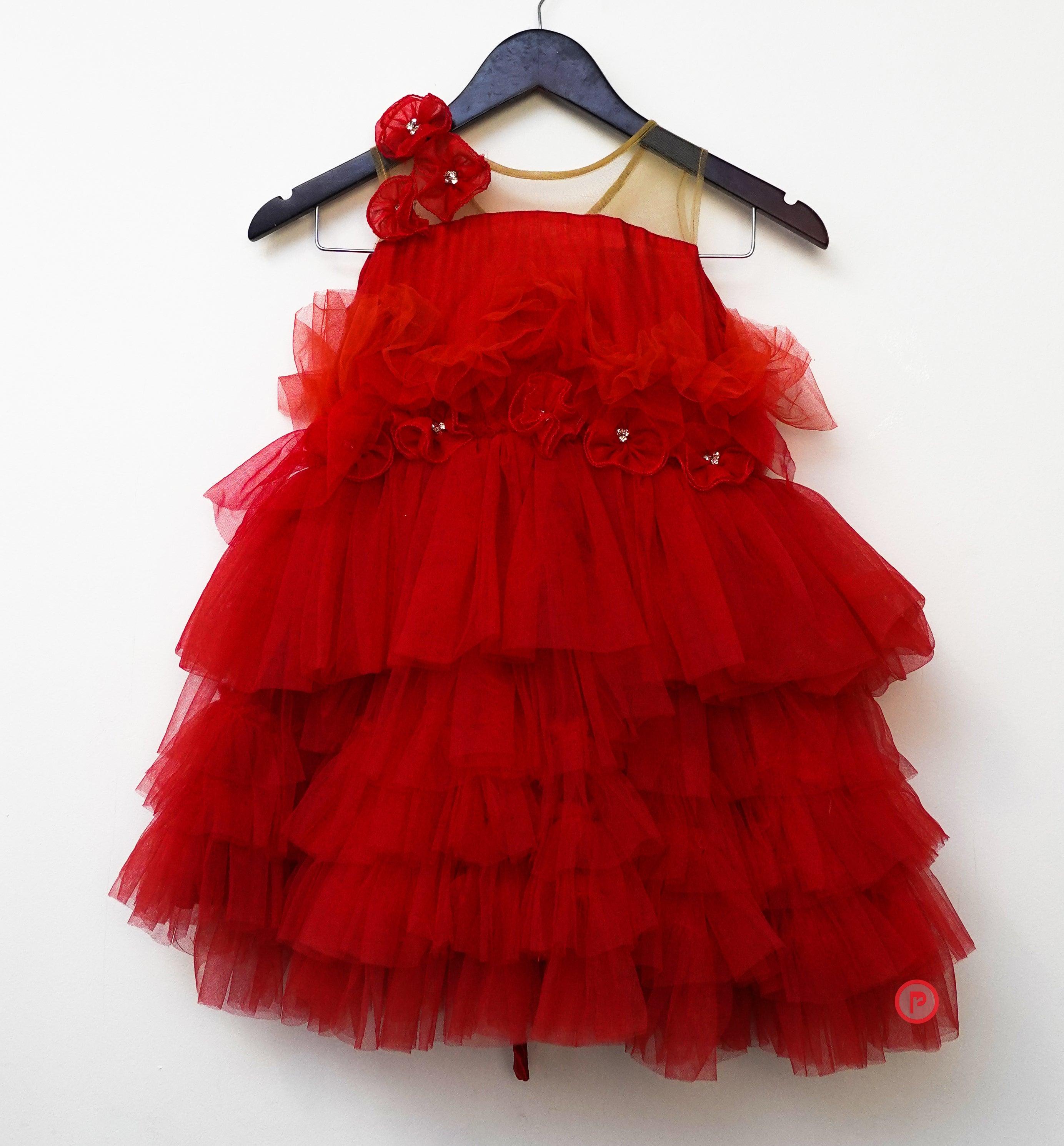 Red Tutu Frock with Bow and Flowers
