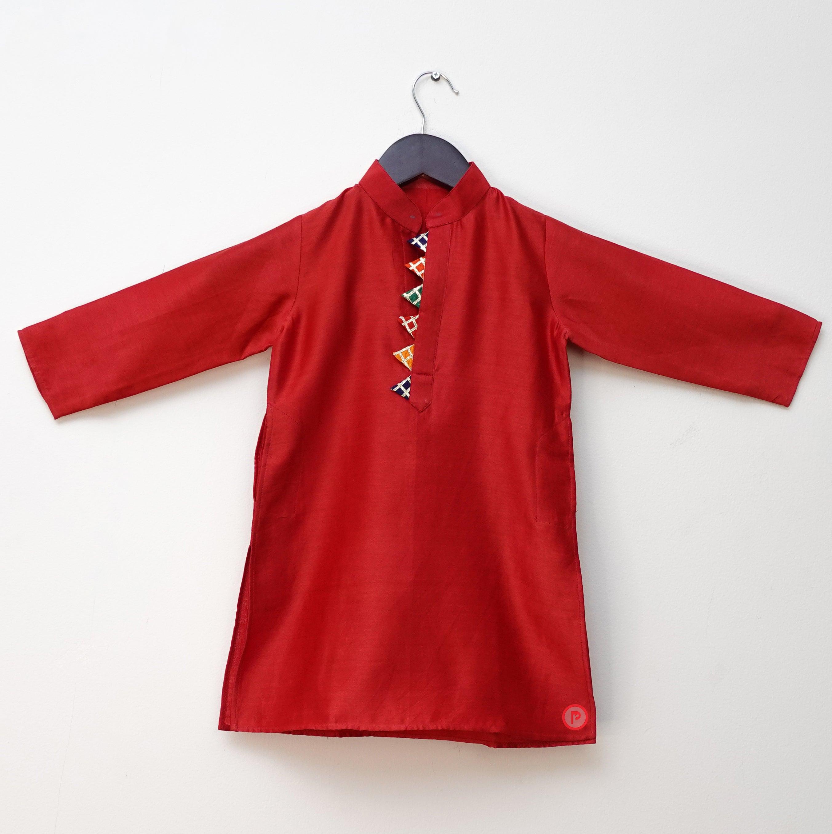 Red Chanderi Kurta Pyjama Boys