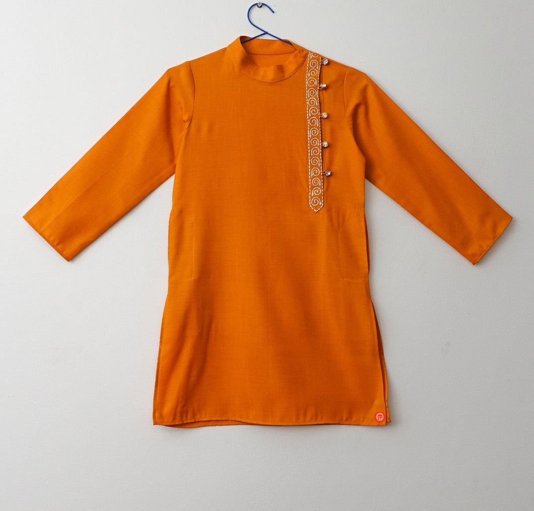 Orange Solid Embroidered Kurta Angrakha Kurta Boys