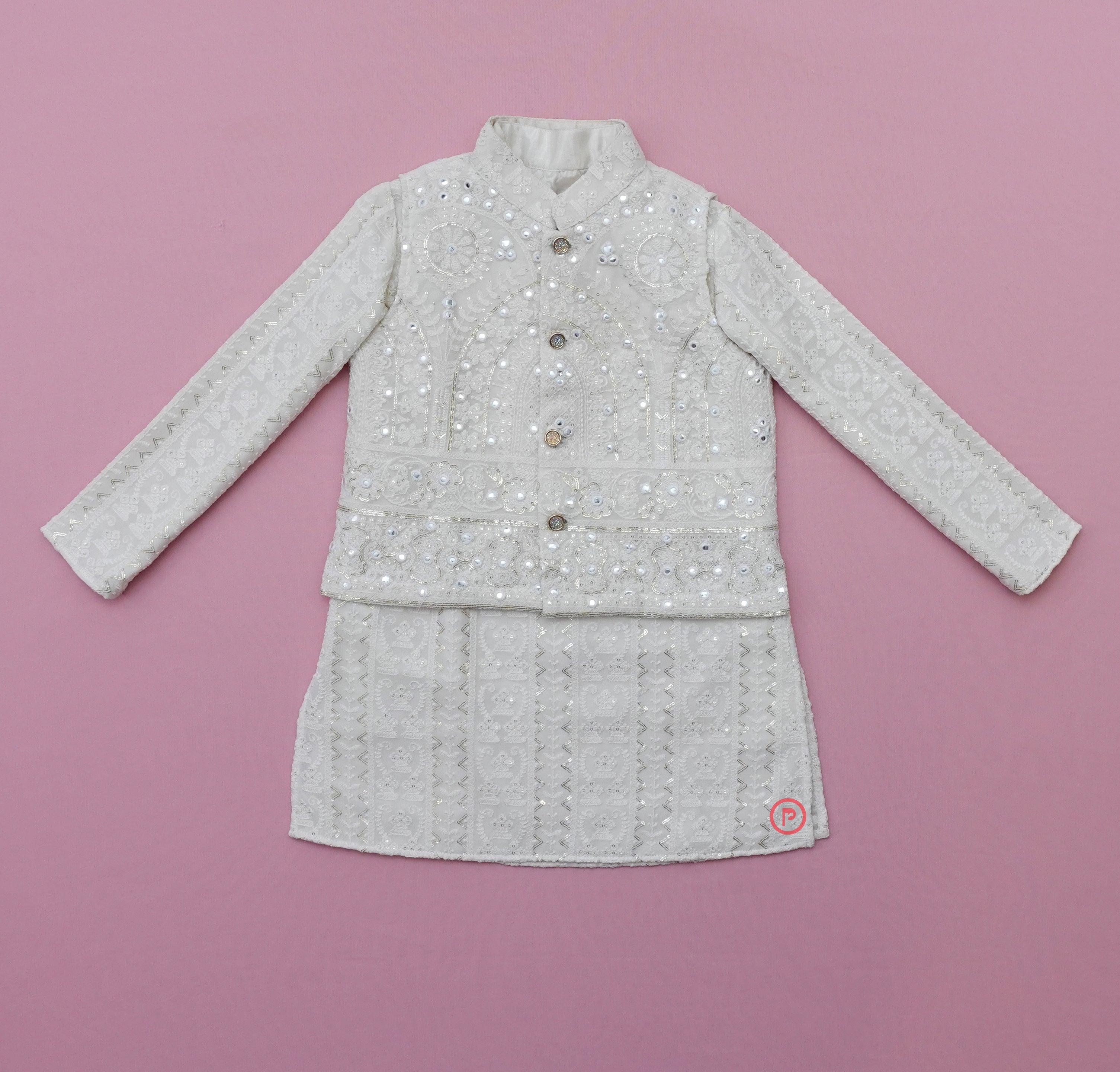 Embellished White kurta with Jacket & Pyjama Boys