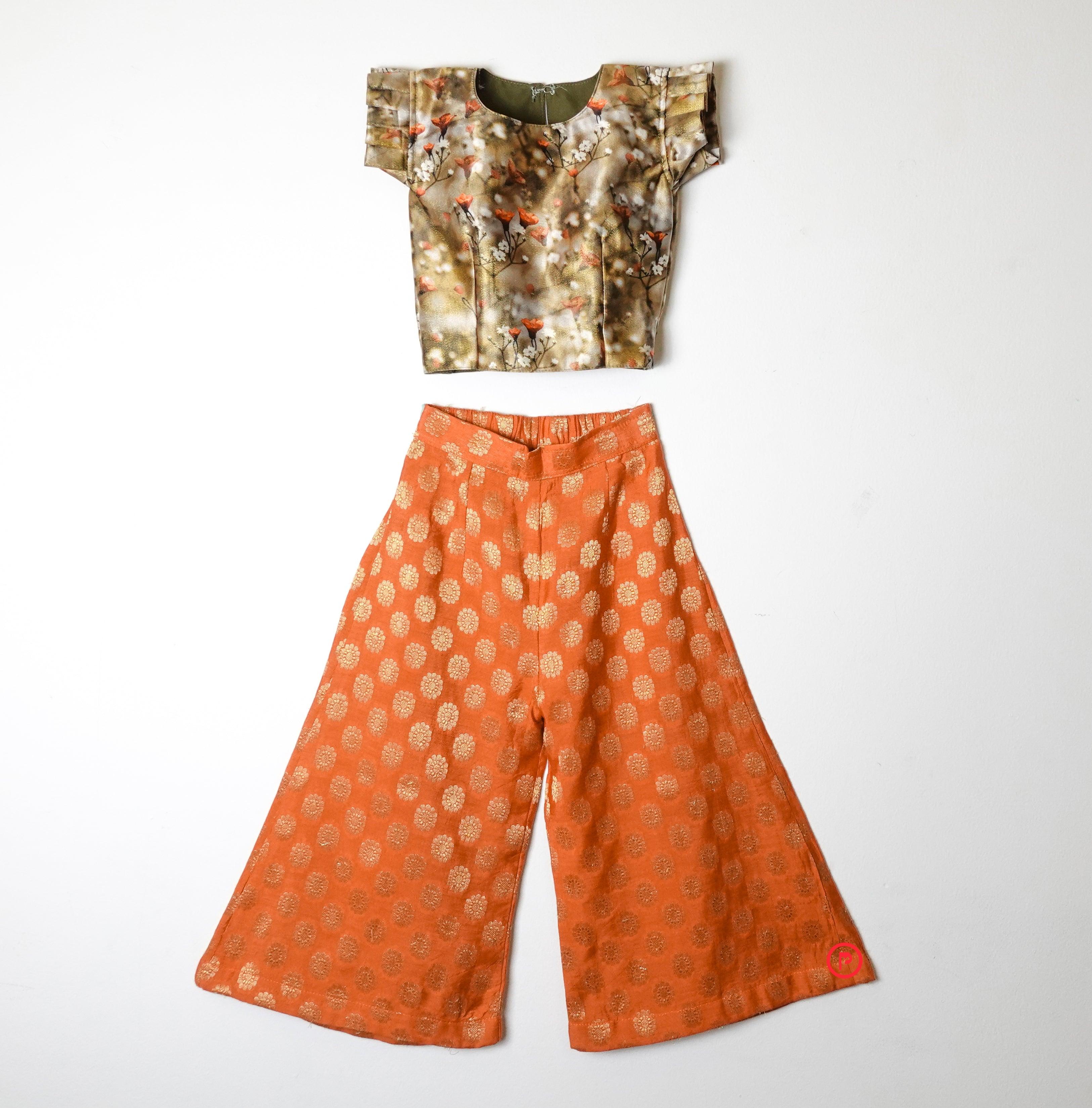 Silk crop top with brocade palazzo Indo Western Look Girls
