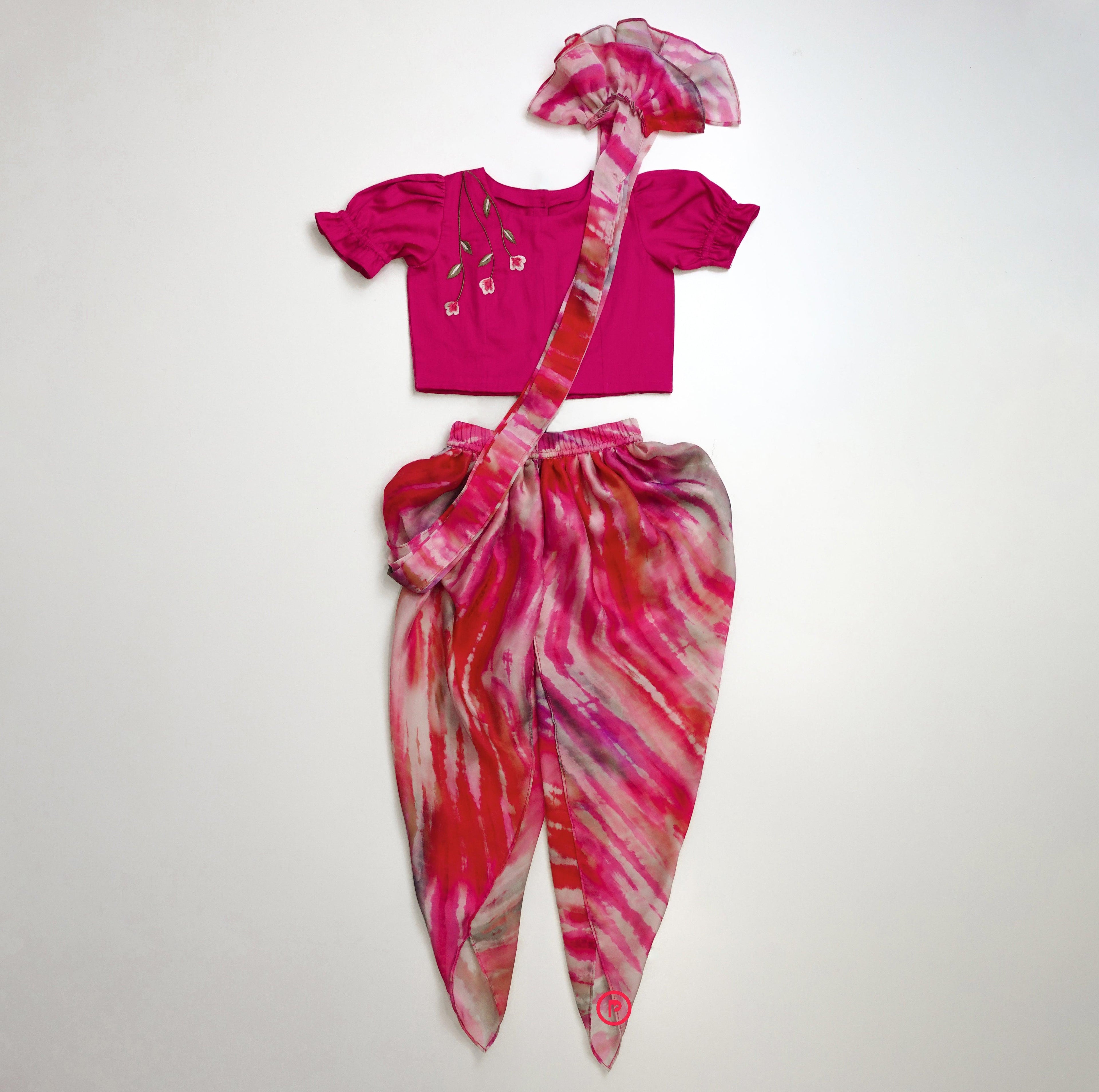 Pink Crop Top With Dhoti Pants With Dupatta Girls