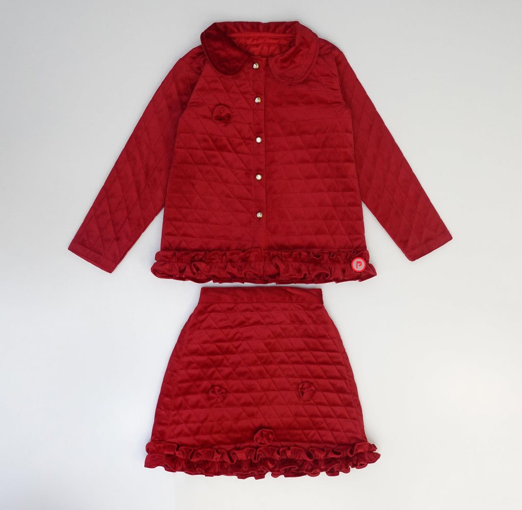 Red Winter Velvet Jacket Skirt Set for girls