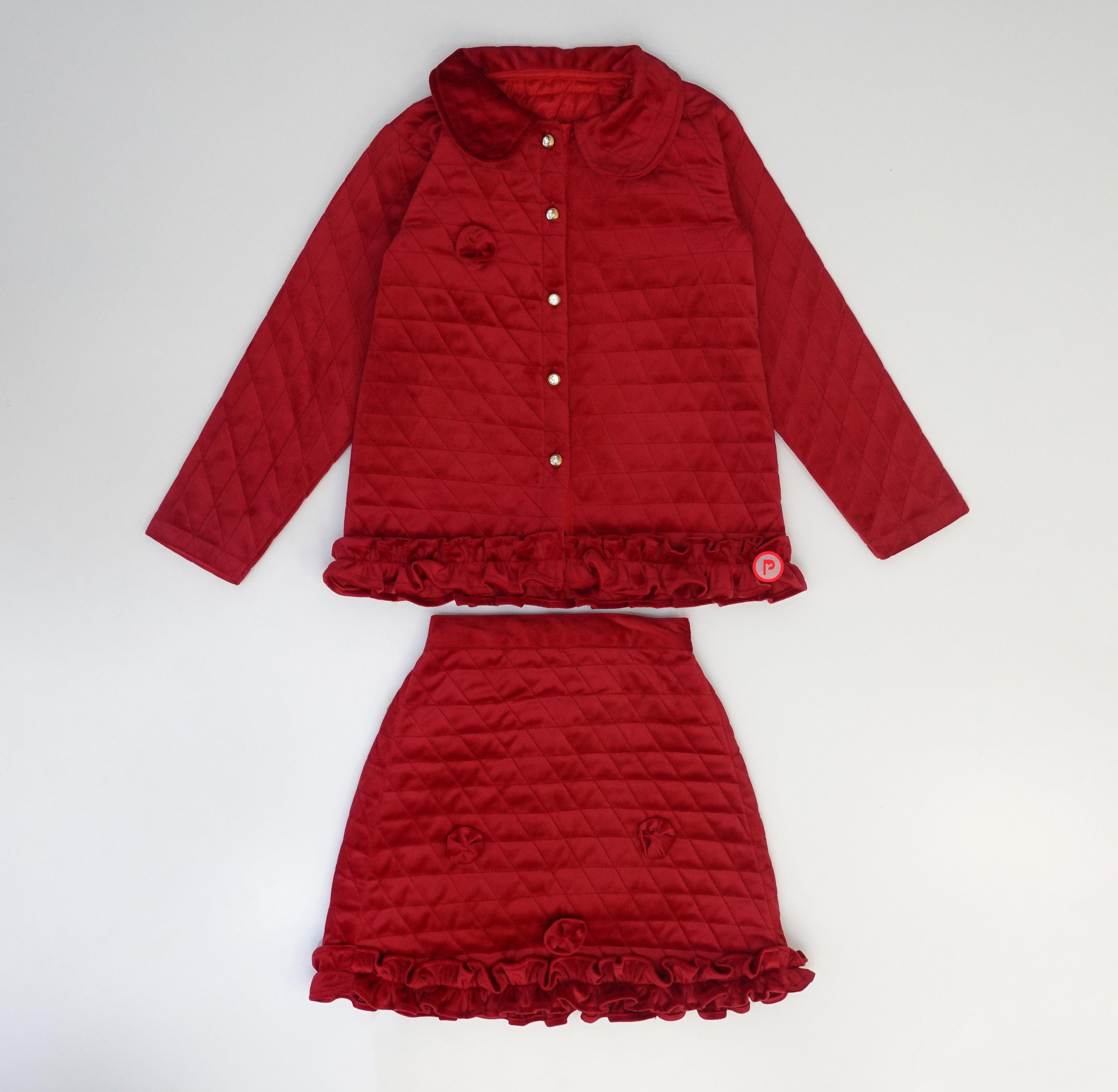Red Winter Velvet Jacket Skirt Set for girls