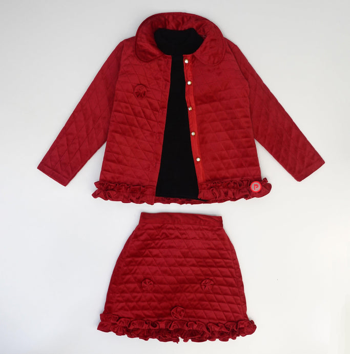 Red Coat Skirt Set for Winter Girls 