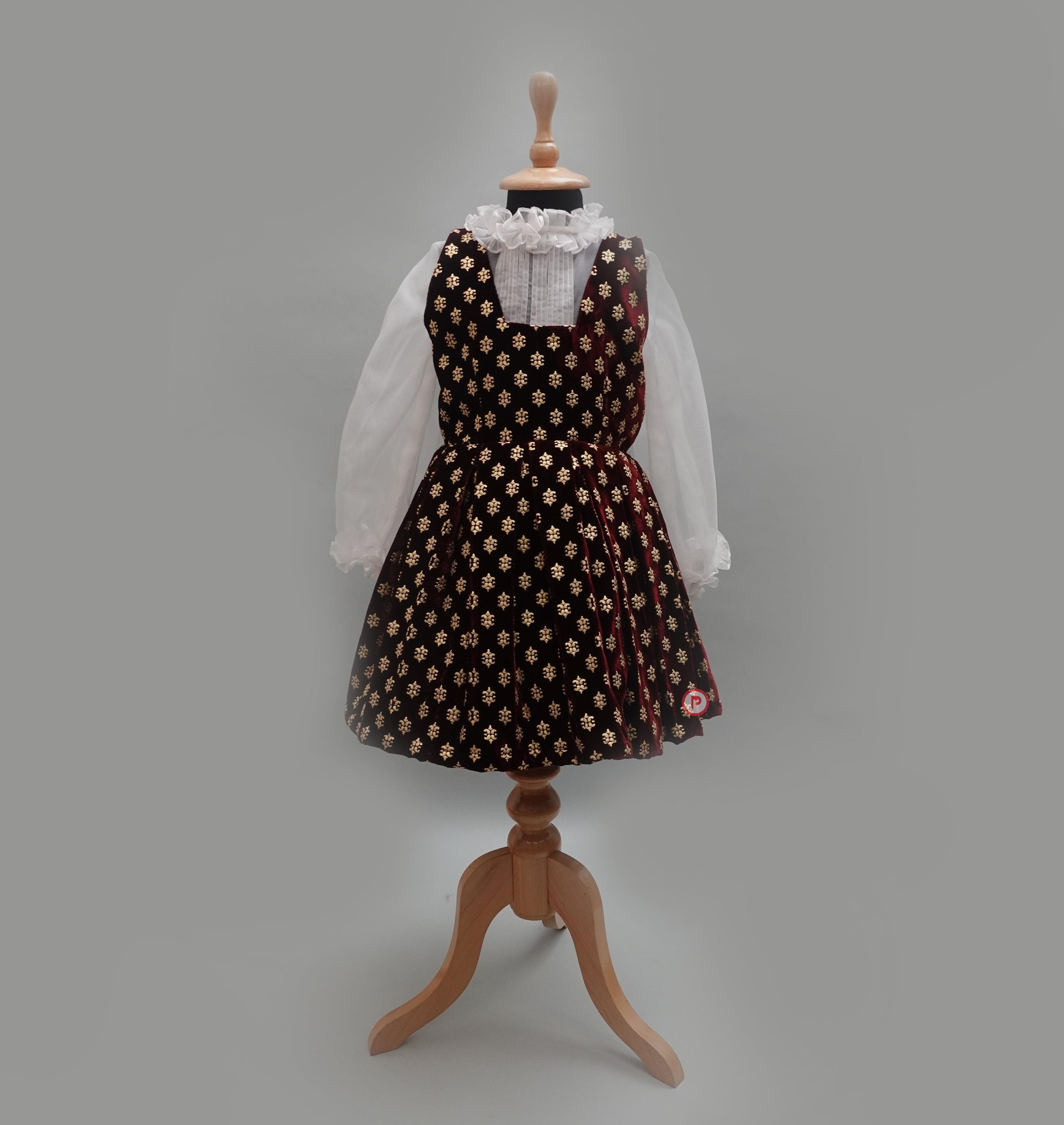 Girls Maroon Embellished Velvet Christmas Frock