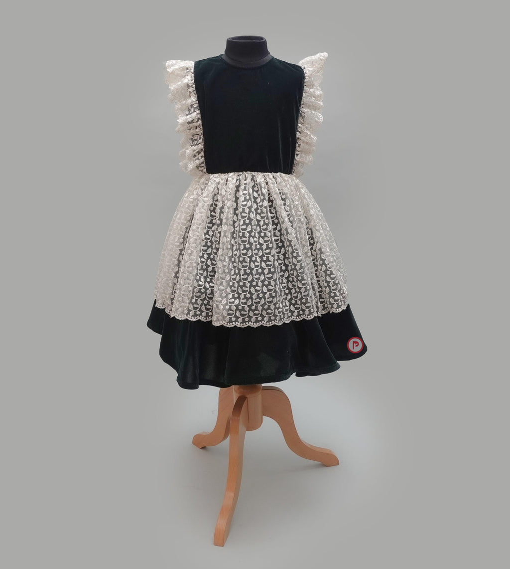 Dark Green Velvet Dress with White Lace Frock for Girls