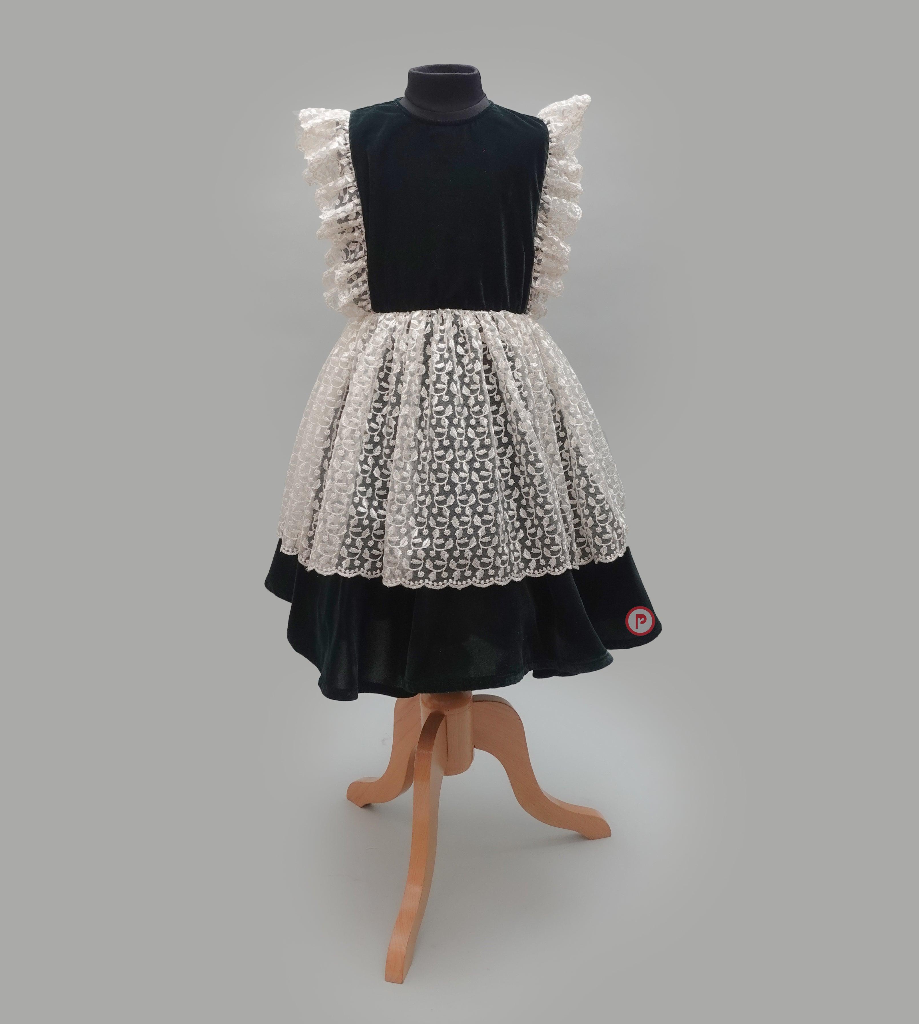 Dark Green Velvet Dress with White Lace Frock for Girls