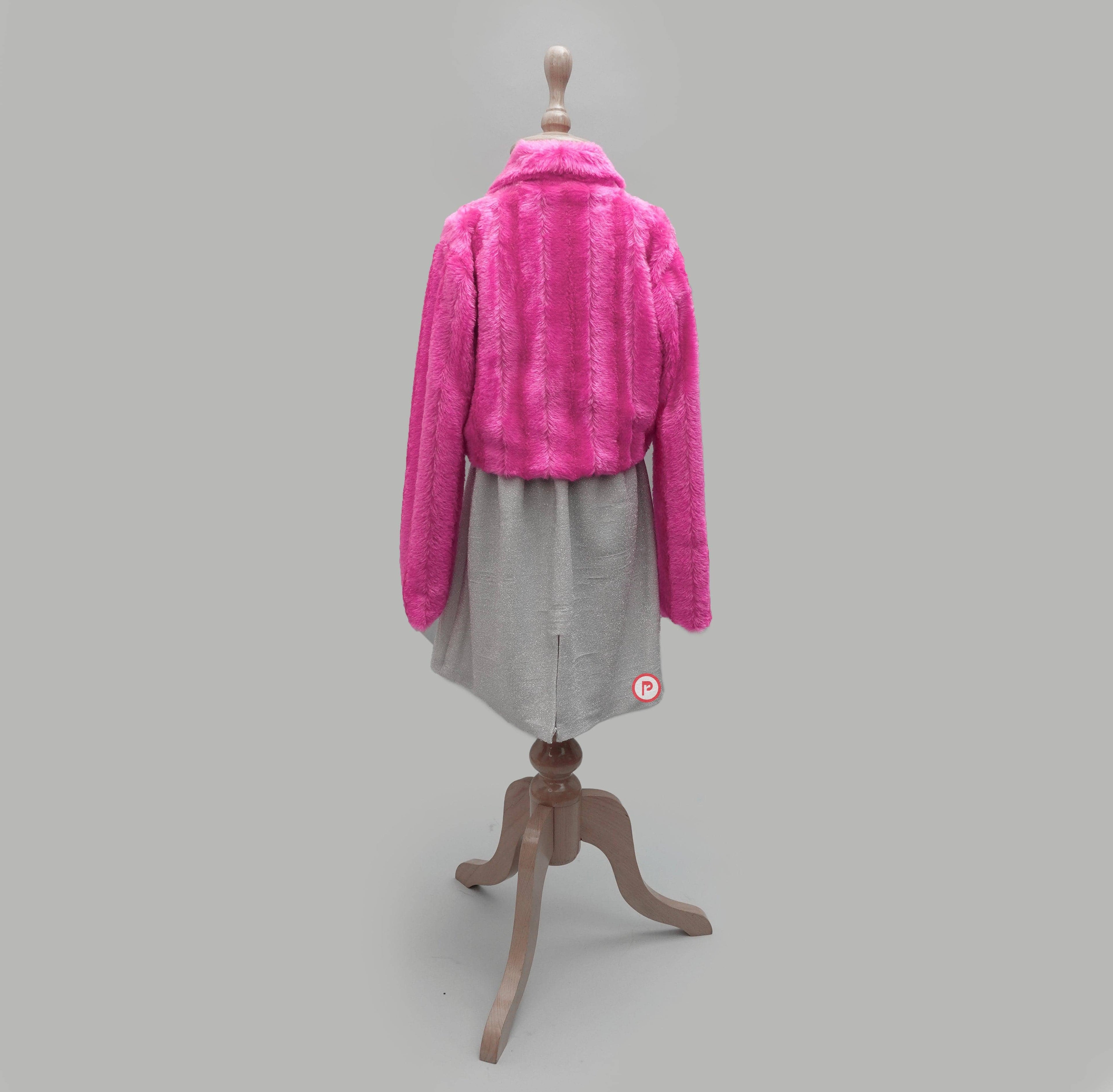 Solid Pink Short Faux Fur Jacket  with Tie Knot Front for Girls