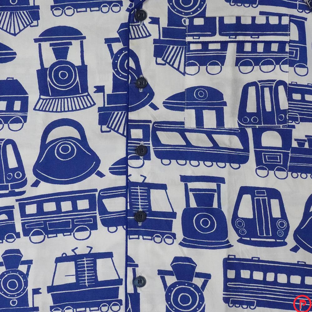 Trains Printed Nightsuit (blue/white) - Picco Ricco 