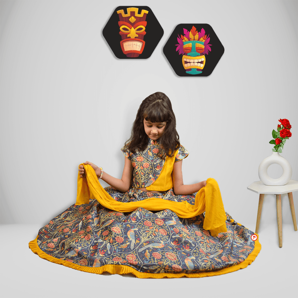 Yellow Printed Lehenga in Multicolour With Dupatta - Picco Ricco 