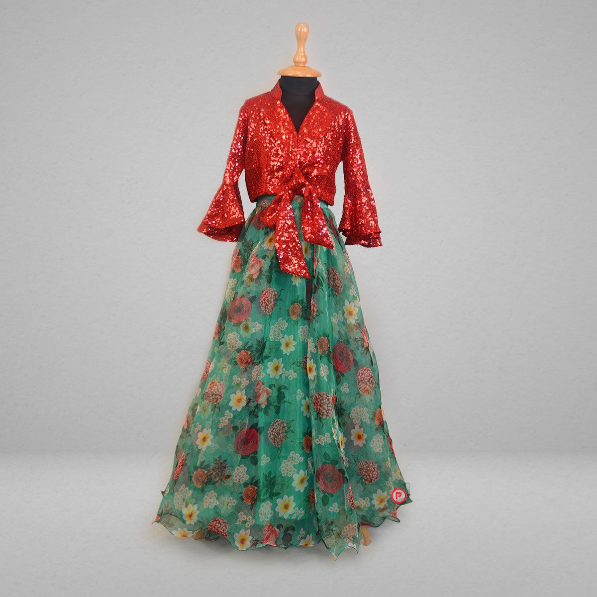 Green Floral Organza Lehenga with Red Sequin Top - Picco Ricco 