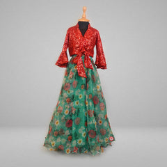 Green Floral Organza Lehenga with Red Sequin Top - Picco Ricco 