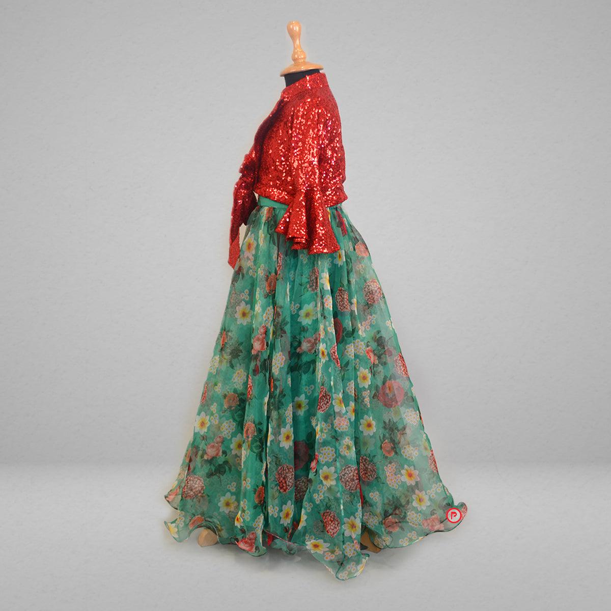 Green Floral Organza Lehenga with Red Sequin Top - Picco Ricco 