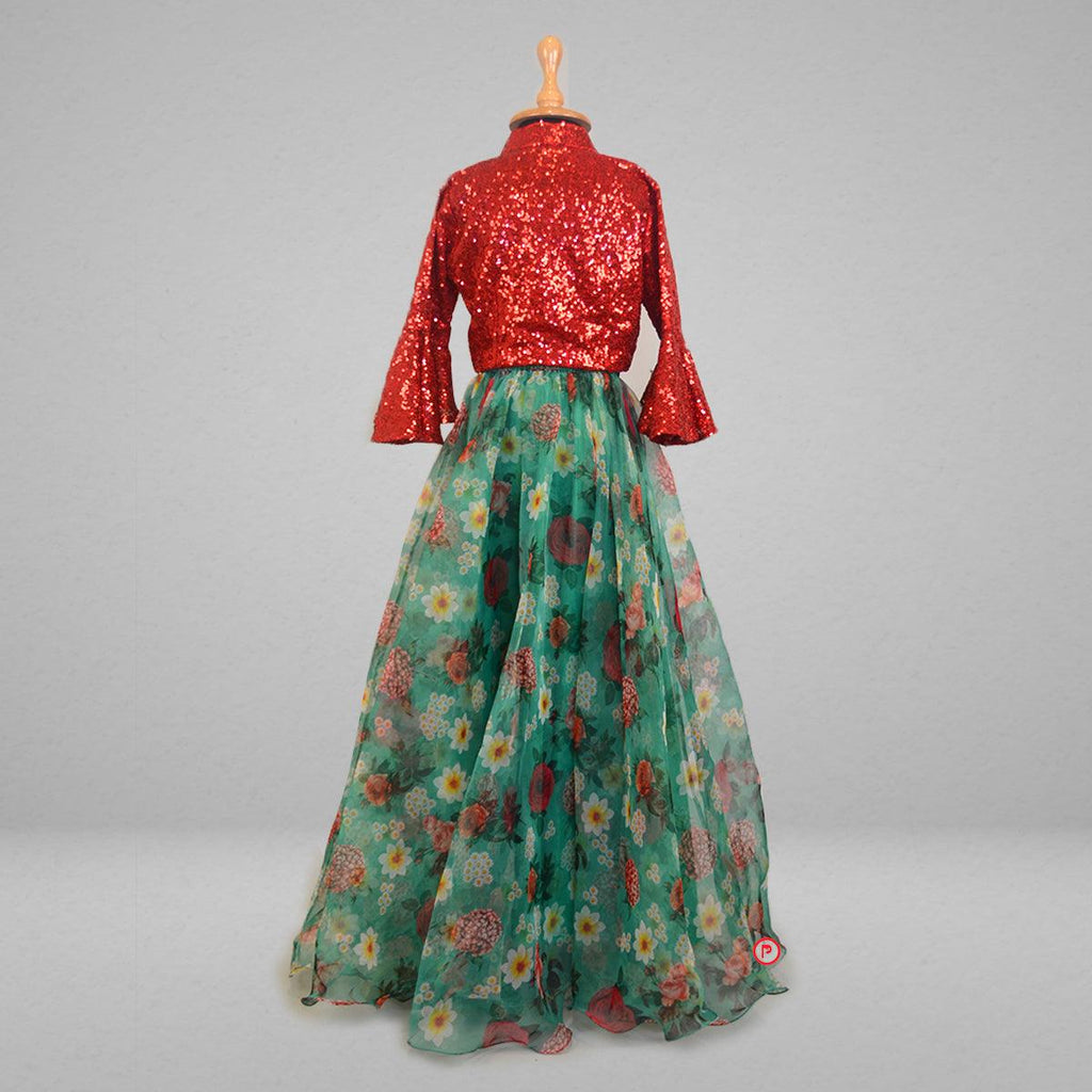 Green Floral Organza Lehenga with Red Sequin Top - Picco Ricco 