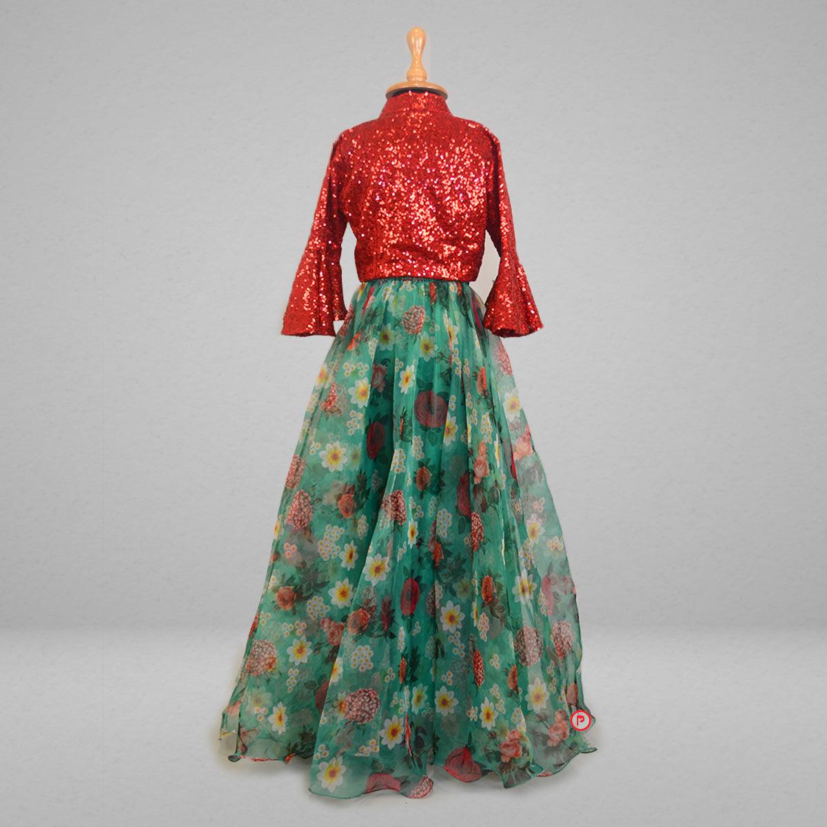 Green Floral Organza Lehenga with Red Sequin Top - Picco Ricco 