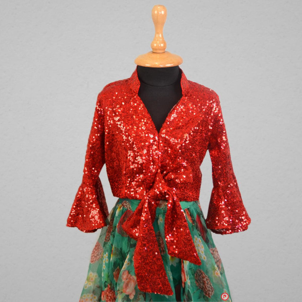 Green Floral Organza Lehenga with Red Sequin Top - Picco Ricco 