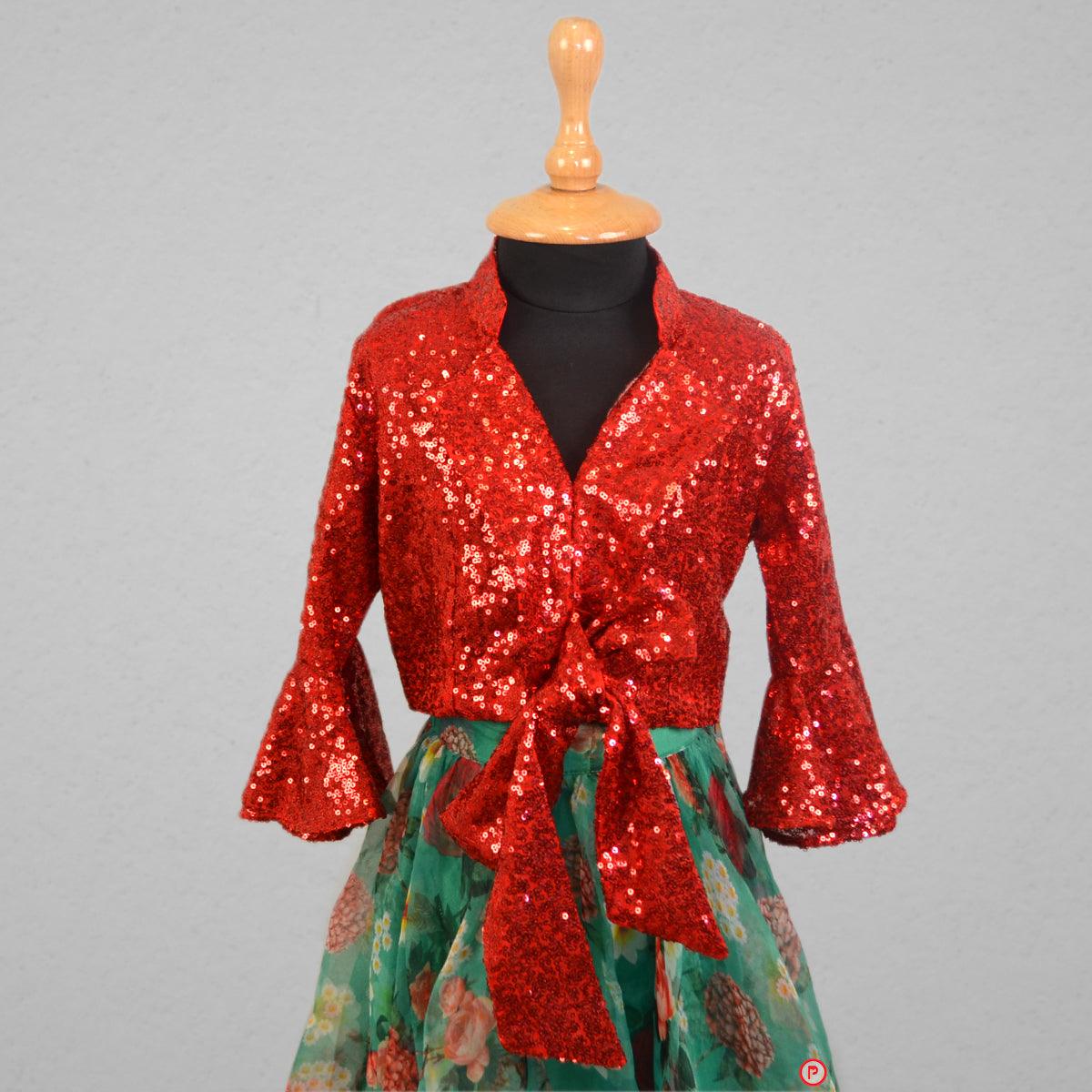 Green Floral Organza Lehenga with Red Sequin Top - Picco Ricco 