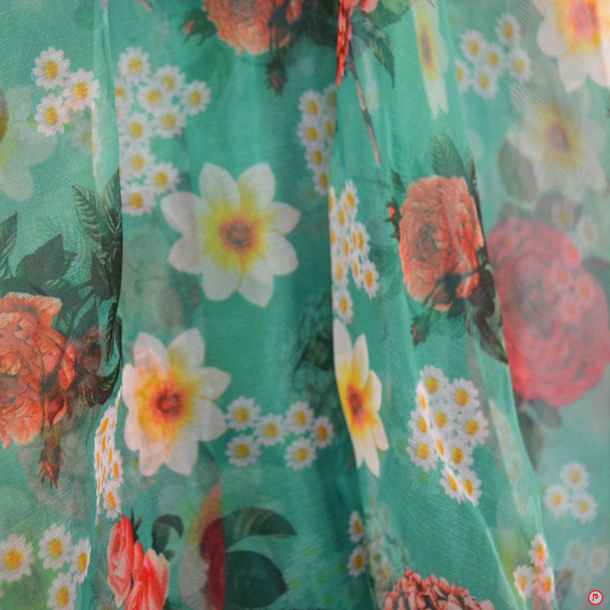 Green Floral Organza Lehenga with Red Sequin Top - Picco Ricco 