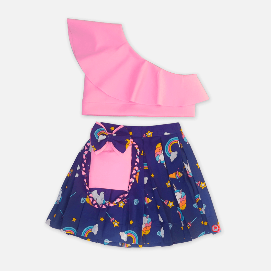 Pink Crop Top With Navy Blue Unicorn Printed Skirt - Picco Ricco 