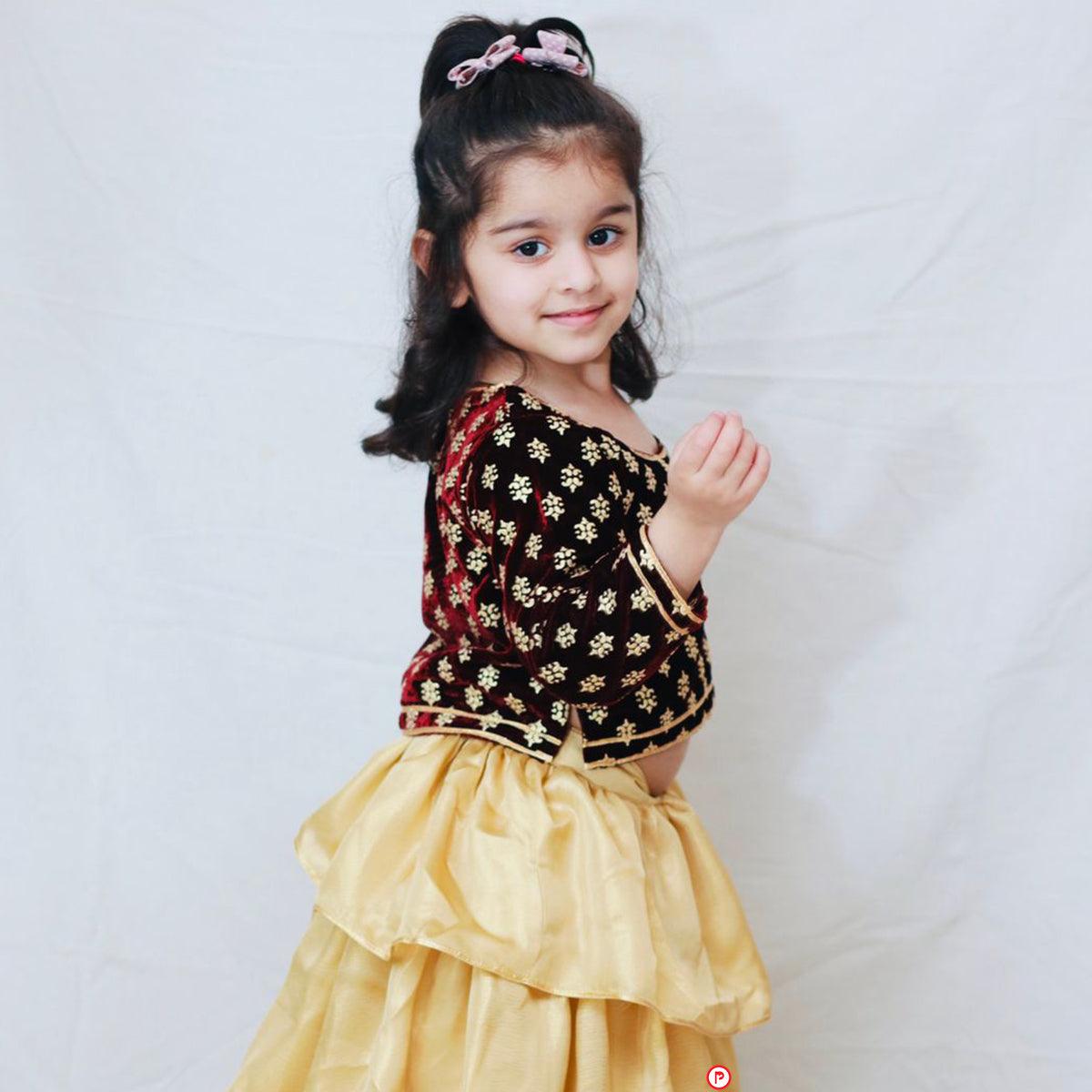 Maroon Velvet Choli with Tiered Lehenga - Picco Ricco 
