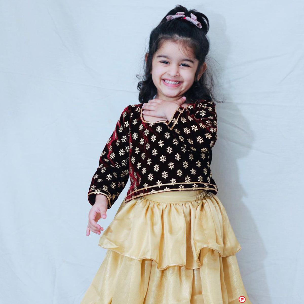 Maroon Velvet Choli with Tiered Lehenga - Picco Ricco 