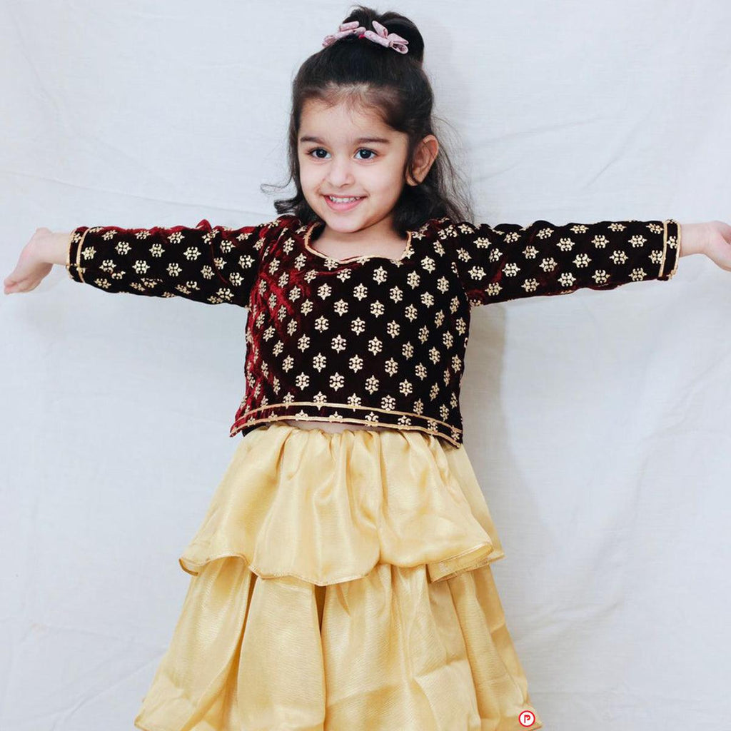 Maroon Velvet Choli with Tiered Lehenga - Picco Ricco 