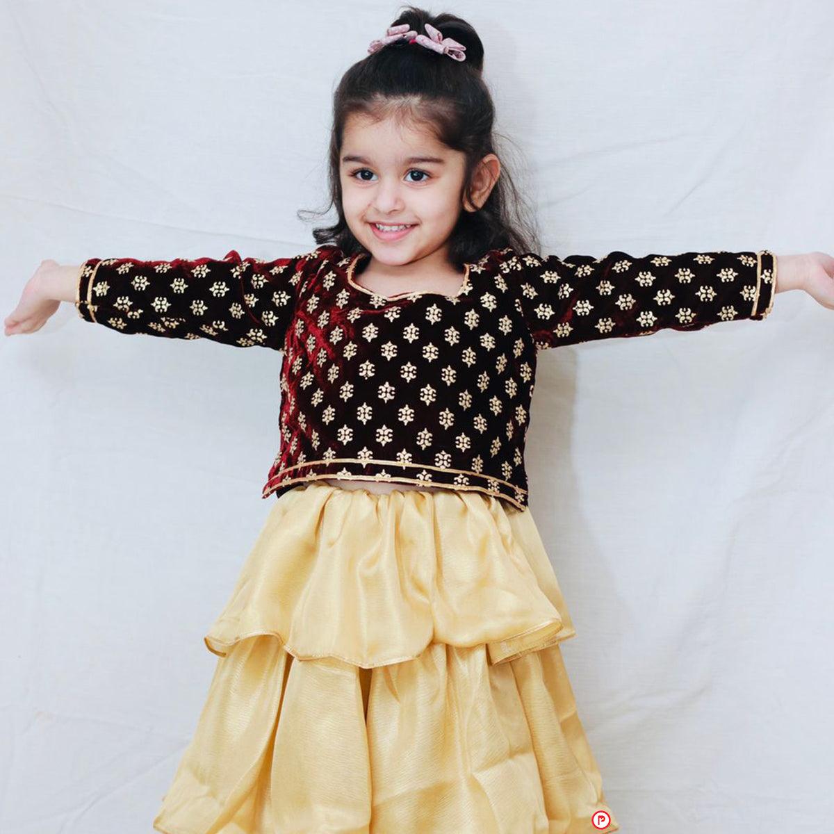 Maroon Velvet Choli with Tiered Lehenga - Picco Ricco 