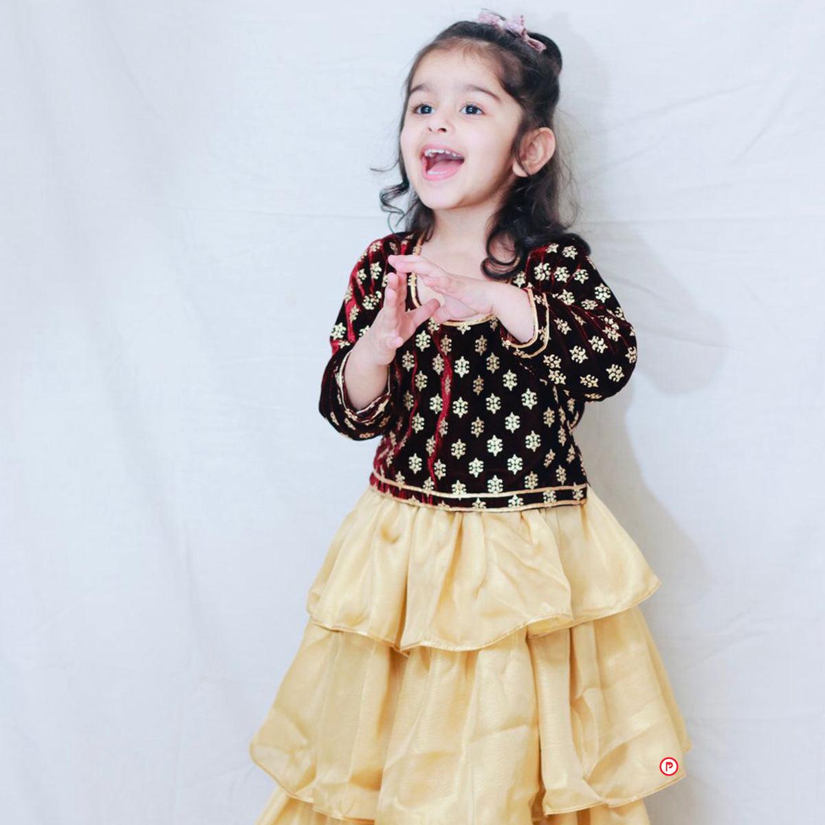 Maroon Velvet Choli with Tiered Lehenga - Picco Ricco 