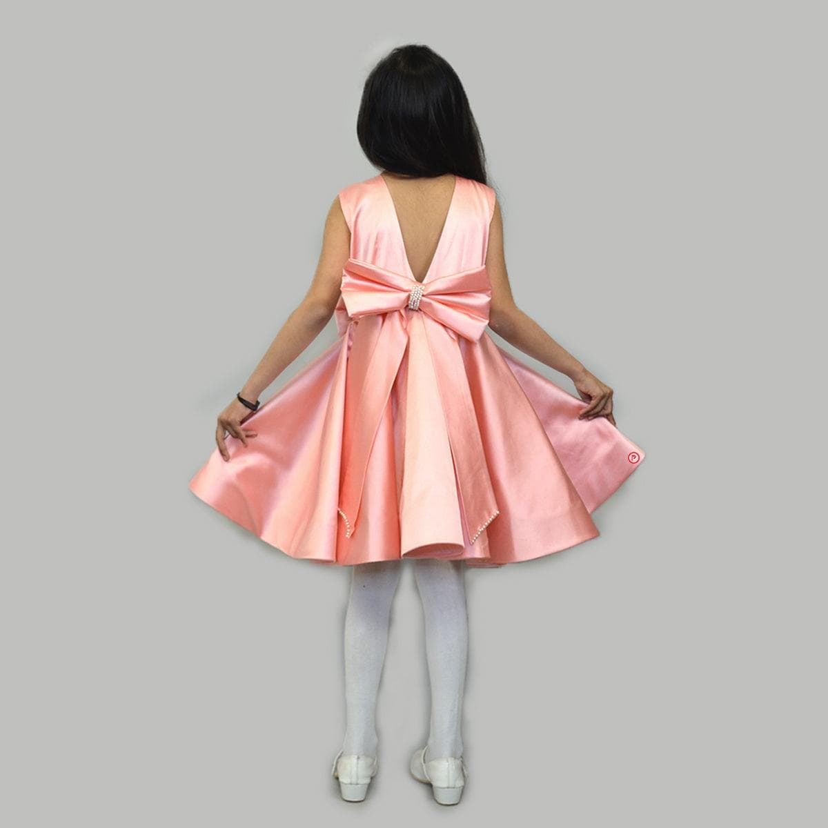 Pearl Embellished Pink Satin Dress with Back Bow Tie - Picco Ricco 