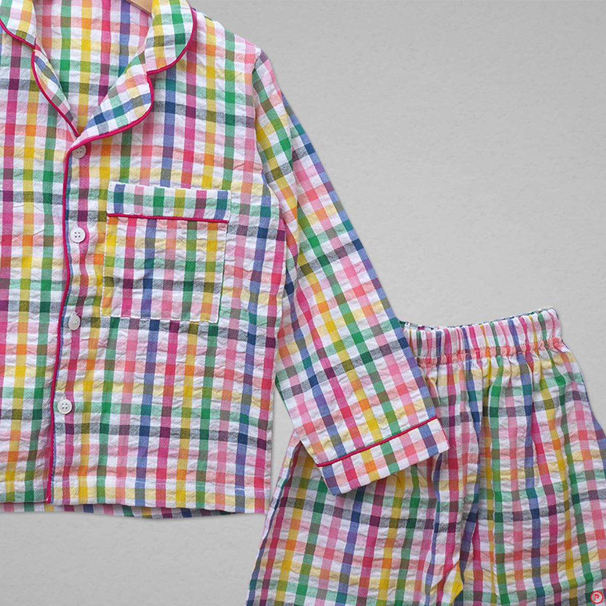 Multi Colored Check Cotton Nightsuit - Picco Ricco 