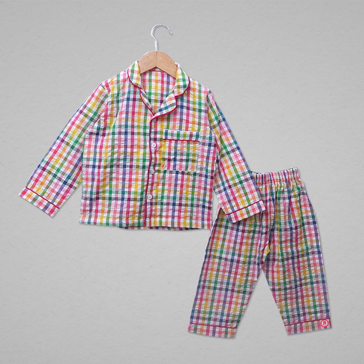 Multi Colored Check Cotton Nightsuit - Picco Ricco 