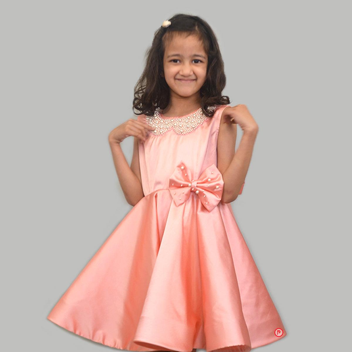 Pearl Embellished Pink Satin Dress with Back Bow Tie - Picco Ricco 