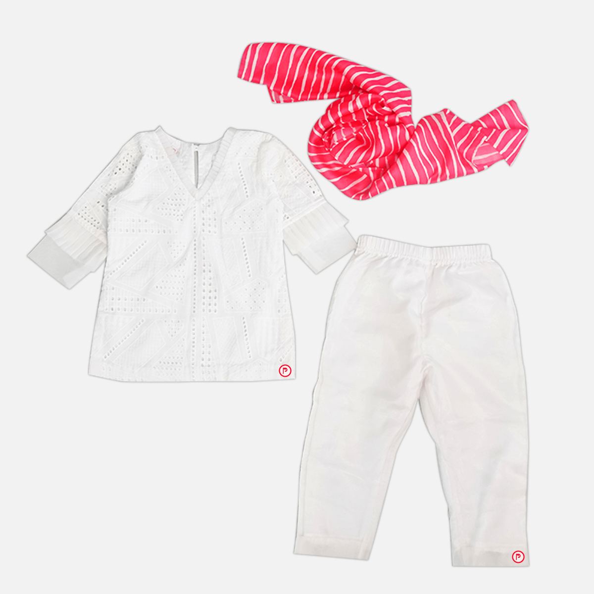 White Chikankari Suit Set with Lehriya Dupatta - Picco Ricco 