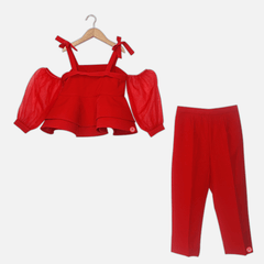 Red Peplum Top and Pant Set - Picco Ricco 