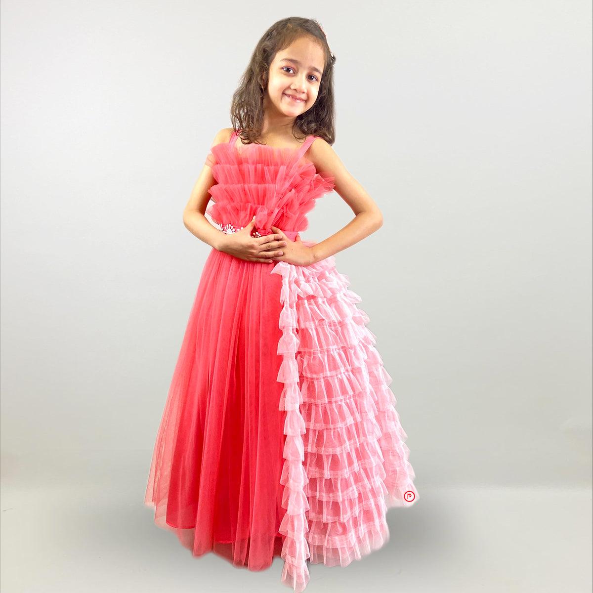 Dual Pink Ruffle Trail Gown - Picco Ricco 