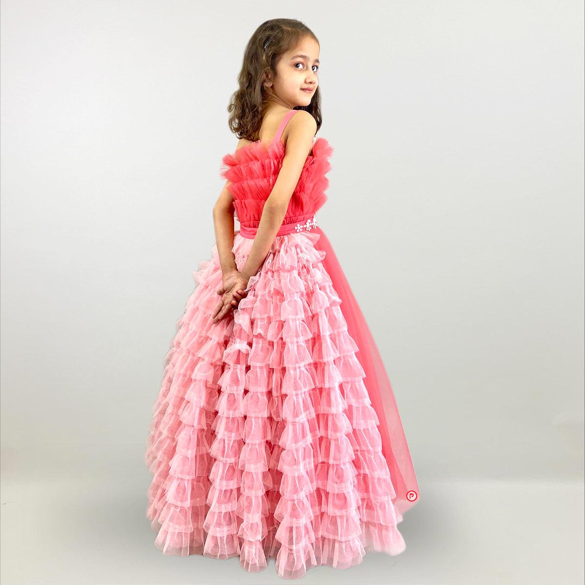 Dual Pink Ruffle Trail Gown - Picco Ricco 