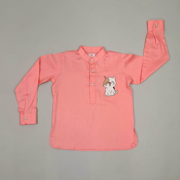 Quartz Pink Kitten Shirt Embroidered Shirt Kurta For Ethnic Casual Wear Kids Boys Collection. 