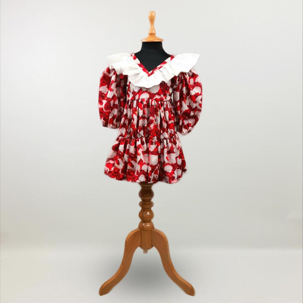 Red White Printed Tiered Dress for Girls