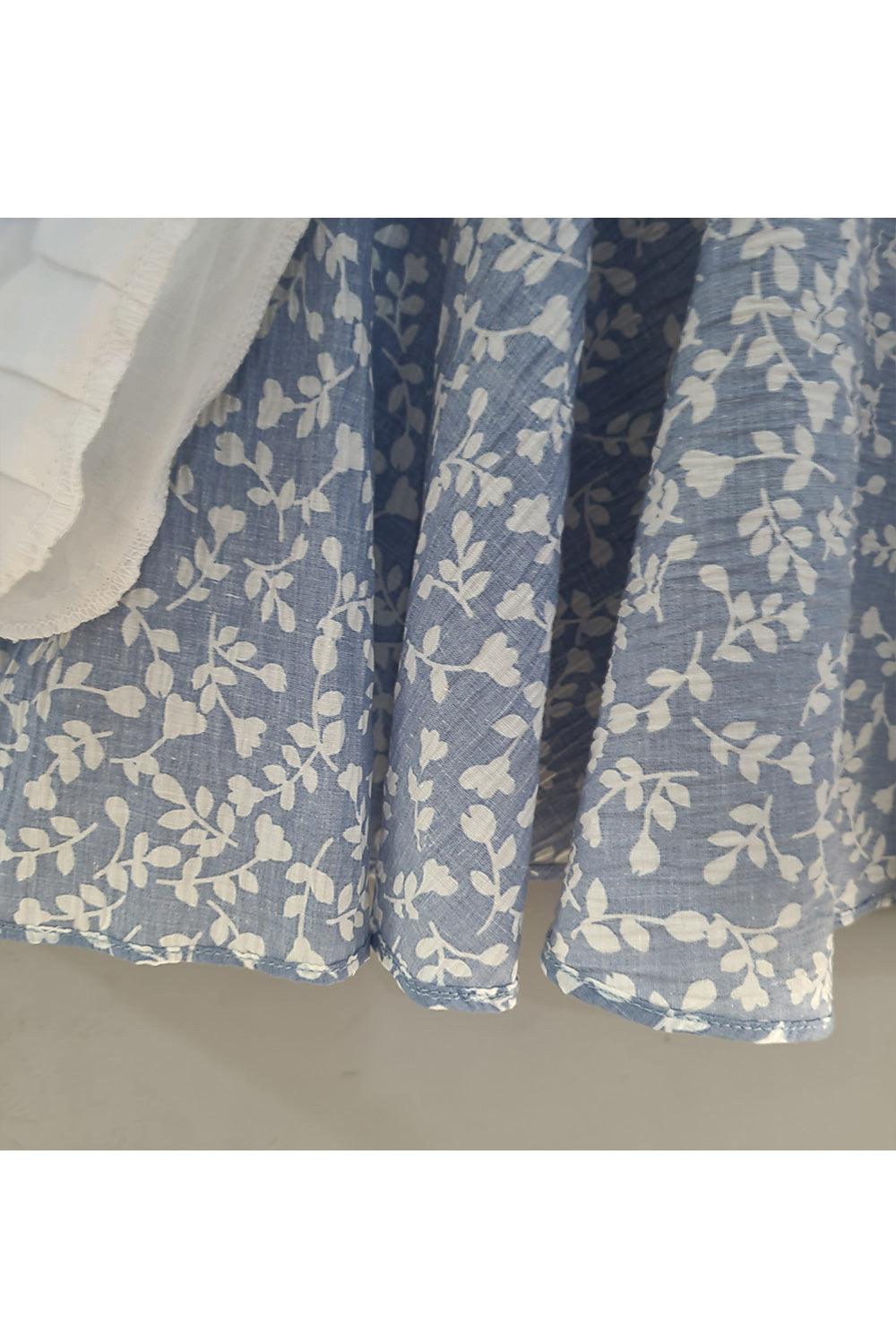 White And Blue Floral Printed Cotton Frock - Picco Ricco 