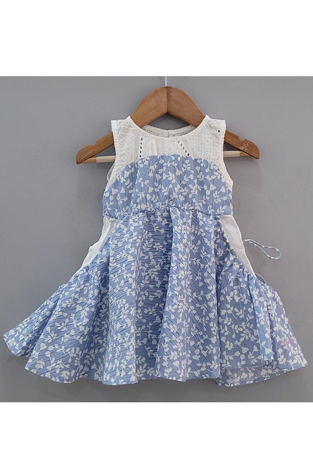 White And Blue Floral Printed Cotton Frock - Picco Ricco 